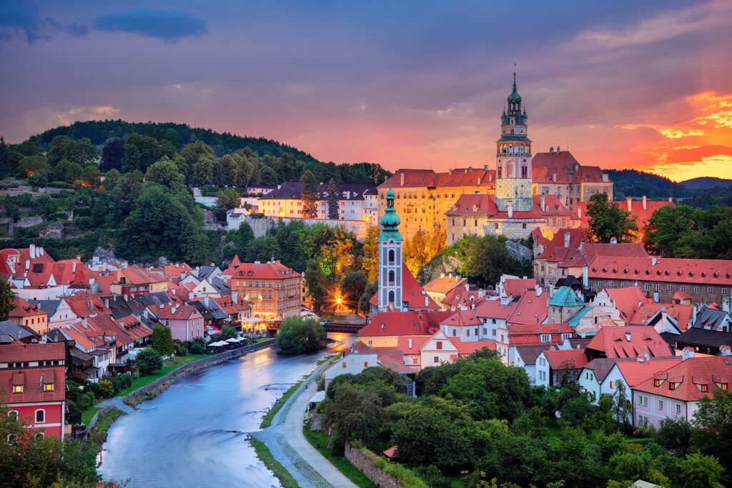 The fairytale town of Český Krumlov, Czech Republic, with its castle and colorful Renaissance houses.