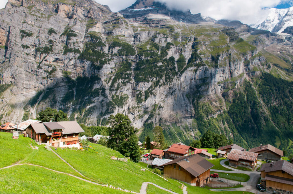 The car-free village of Gimmelwald, Switzerland, surrounded by stunning mountain views